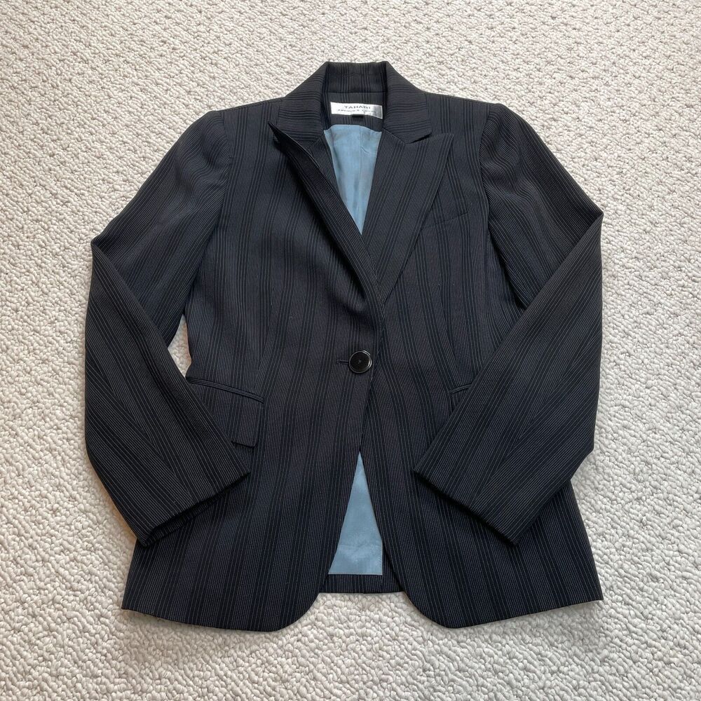 Tahari Arthur S Levine ASL Blazer Women 4 Black Striped Single Breasted 1 Button